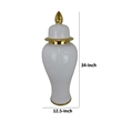 Benjara Risy Covered Jar- 34 Inch- Gold Finial- White Curved Ceramic Base