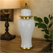 Benjara Risy Covered Jar- 34 Inch- Gold Finial- White Curved Ceramic Base