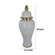 Benjara Risy Covered Jar- 34 Inch- Gold Finial- White Curved Ceramic Base