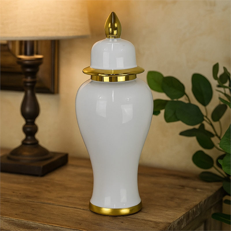 Benjara Risy Covered Jar- 34 Inch- Gold Finial- White Curved Ceramic Base