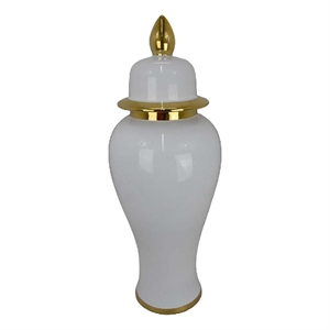 Benjara Risy Covered Jar- 34 Inch- Gold Finial- White Curved Ceramic Base