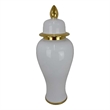 Benjara Risy Covered Jar- 34 Inch- Gold Finial- White Curved Ceramic Base