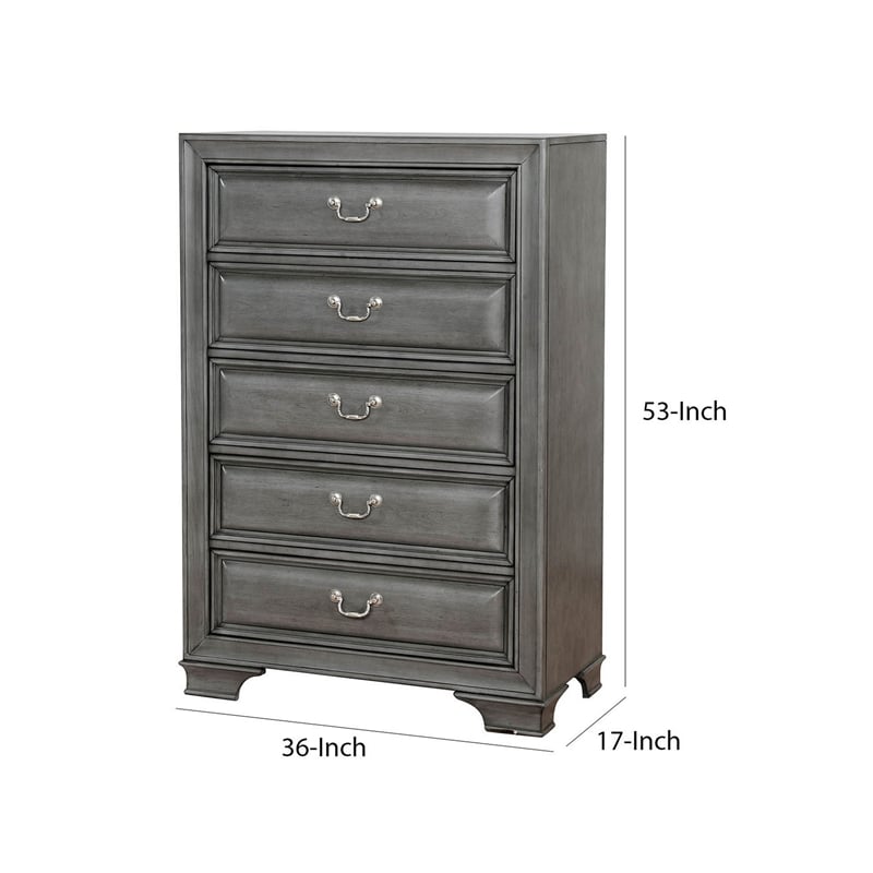 Benjara Transitional Wood Chest With 5 Drawers- Gray