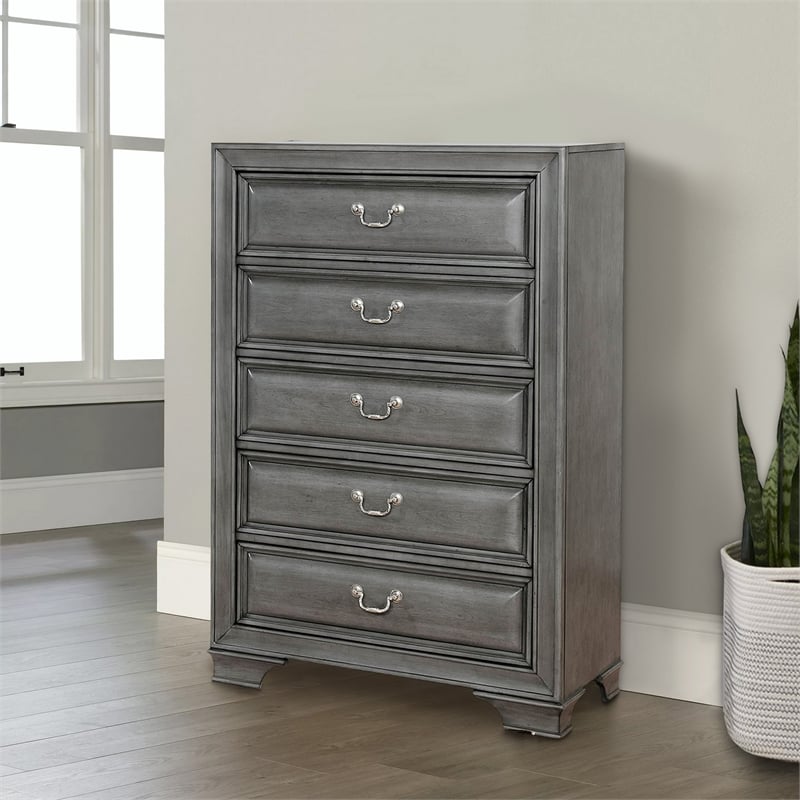 Benjara Transitional Wood Chest With 5 Drawers- Gray