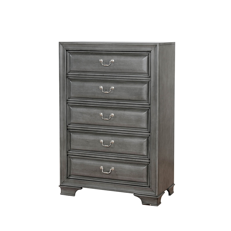 Benjara Transitional Wood Chest With 5 Drawers- Gray