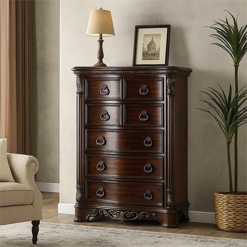 Benjara Transitional Wood Chest With Antique Drawer Pulls- Brown