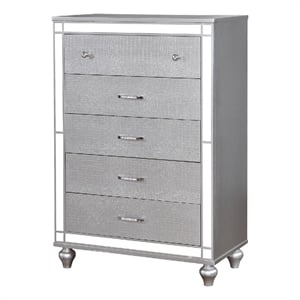 Benjara Five Drawer Solid Wood Chest with Mirror Accent Trim Front- Silver