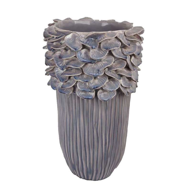 Benjara Kiana Decorative Vase- Gray Ceramic Flared Scales Rim Accent- 16 Inch