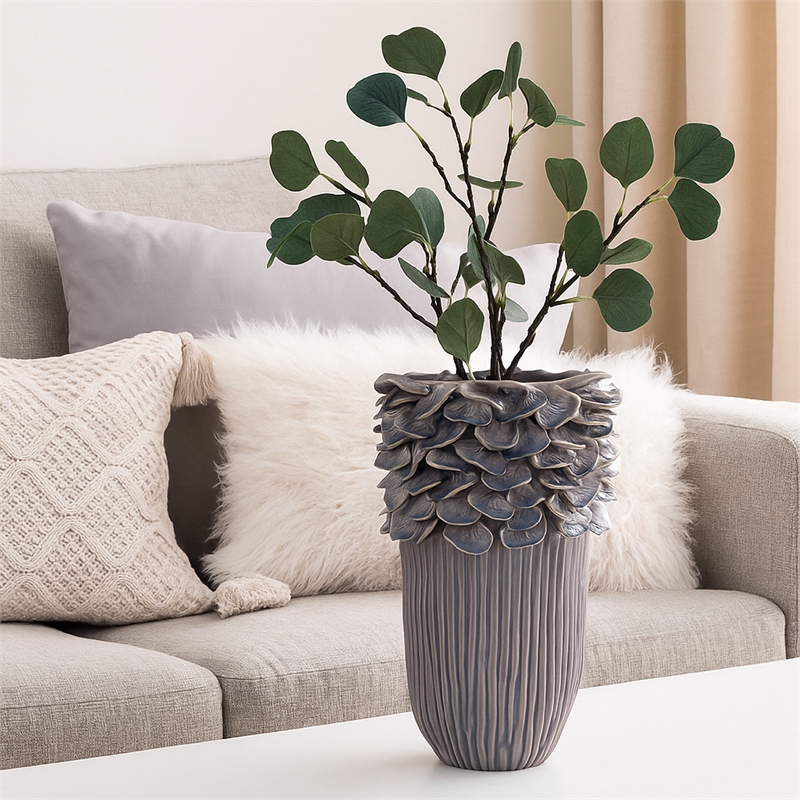Benjara Kiana Decorative Vase- Gray Ceramic Flared Scales Rim Accent- 16 Inch