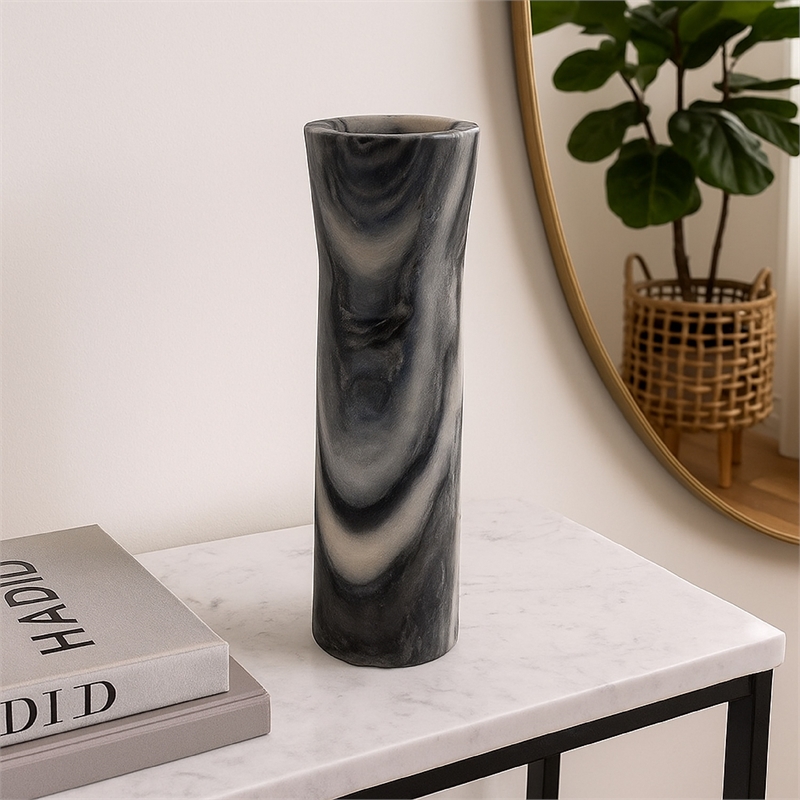 Benjara Danny Tall Accent Vase- Natural Stone Pattern Gray Marble 14 Inch