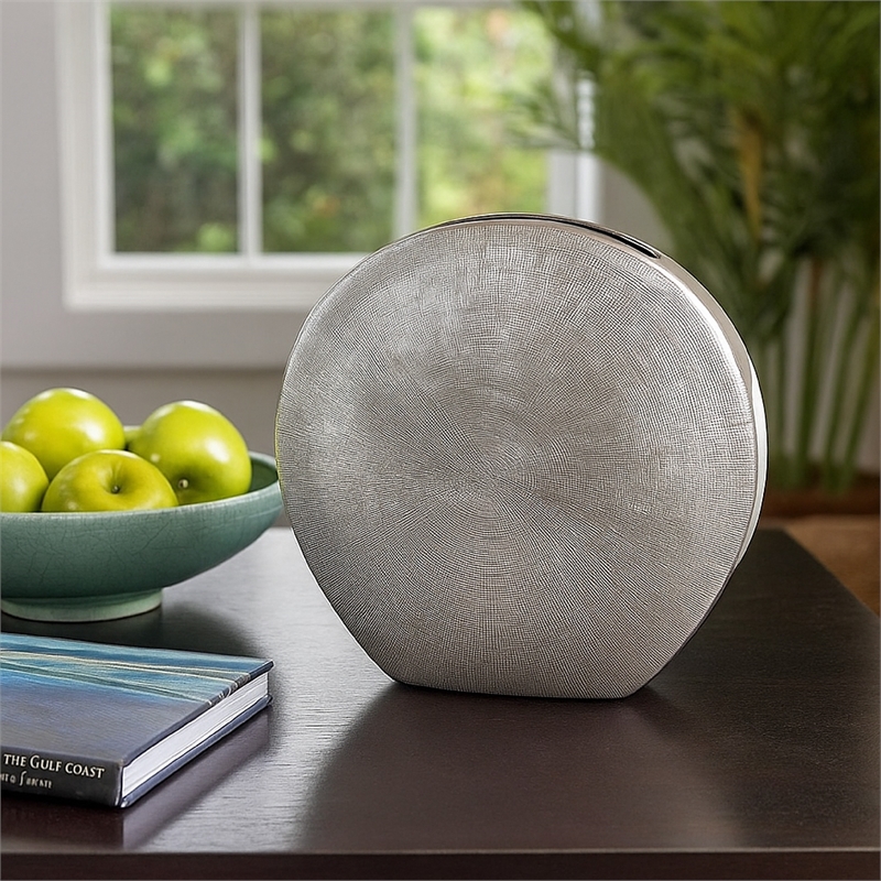 Benjara Harvey Accent Vase- Metallic Texture- Flat Round Gray Ceramic 15 Inch