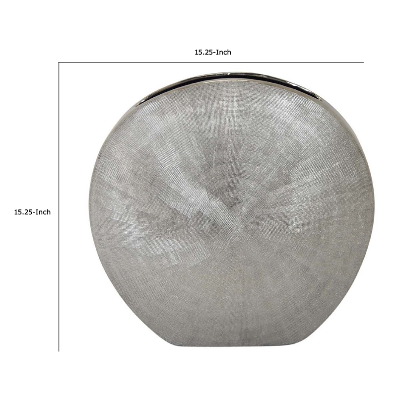 Benjara Harvey Accent Vase- Metallic Texture- Flat Round Gray Ceramic 15 Inch