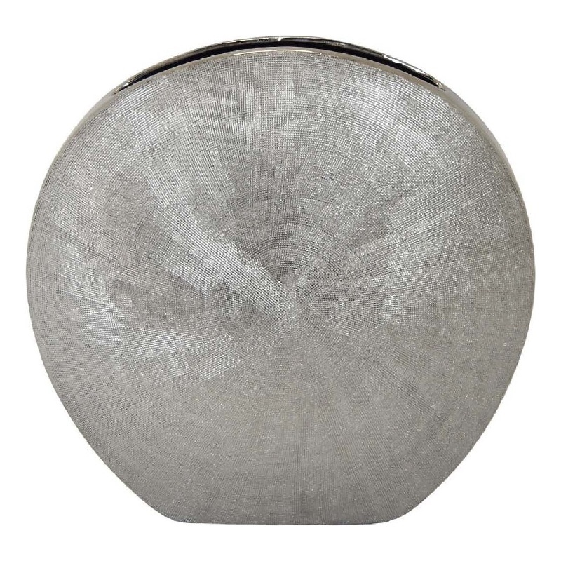 Benjara Harvey Accent Vase- Metallic Texture- Flat Round Gray Ceramic 15 Inch