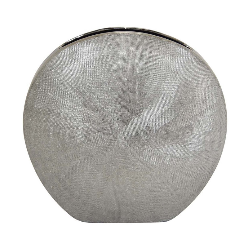 Benjara Harvey Accent Vase- Metallic Texture- Flat Round Gray Ceramic 15 Inch