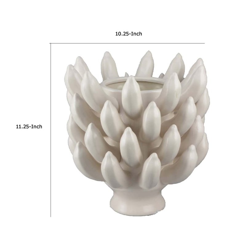 Benjara Joseph Accent Vase with Tiered Flame Accents- Ivory Ceramic 11 Inch