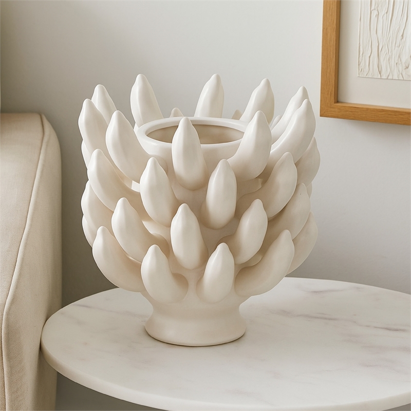 Benjara Joseph Accent Vase with Tiered Flame Accents- Ivory Ceramic 11 Inch