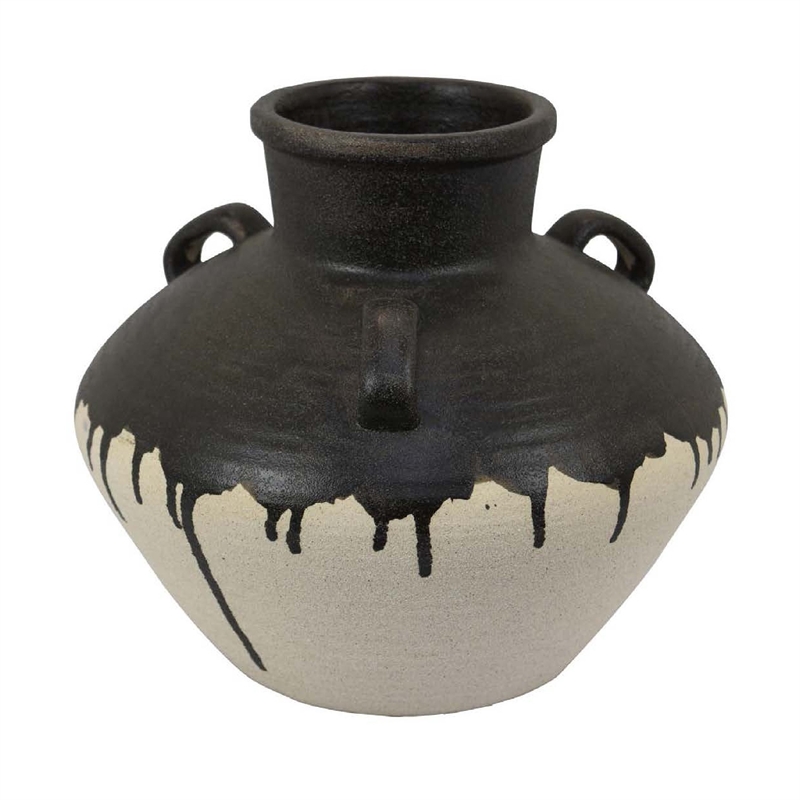 Benjara Caleb Accent Vase with Drip Pattern- Angled Handles Black Gray Ceramic