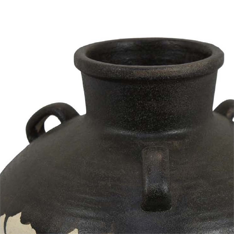 Benjara Caleb Accent Vase with Drip Pattern- Angled Handles Black Gray Ceramic