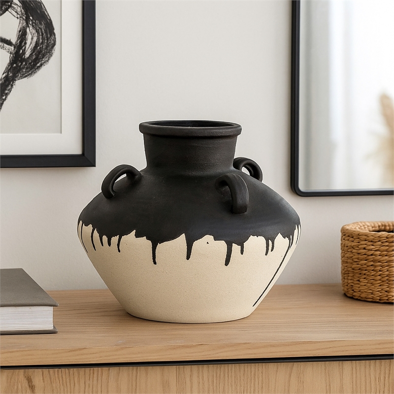 Benjara Caleb Accent Vase with Drip Pattern- Angled Handles Black Gray Ceramic