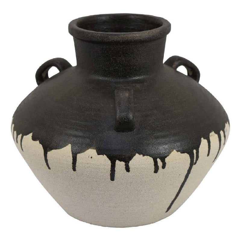Benjara Caleb Accent Vase with Drip Pattern- Angled Handles Black Gray Ceramic