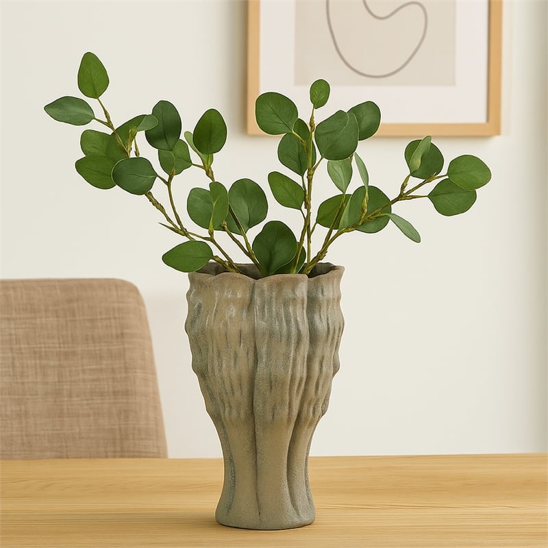 Benjara Decorative Vase- Organic Sea Design- Floral Details- Green Ceramic