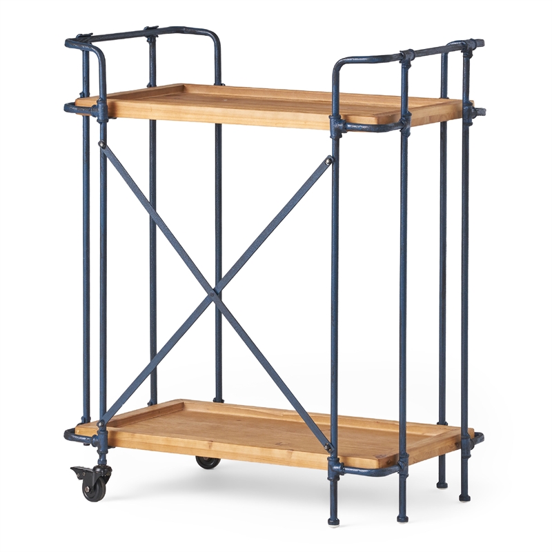 Benjara Elinsa Kitchen Bar Cart- Industrial Style Black Iron- Brown Wood- 33in