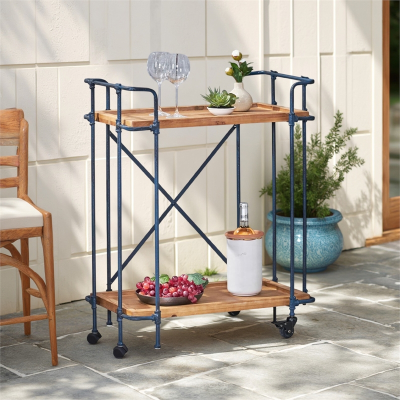 Benjara Elinsa Kitchen Bar Cart- Industrial Style Black Iron- Brown Wood- 33in