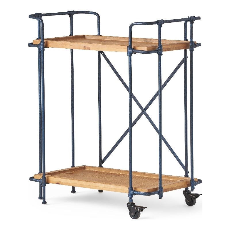 Benjara Elinsa Kitchen Bar Cart- Industrial Style Black Iron- Brown Wood- 33in
