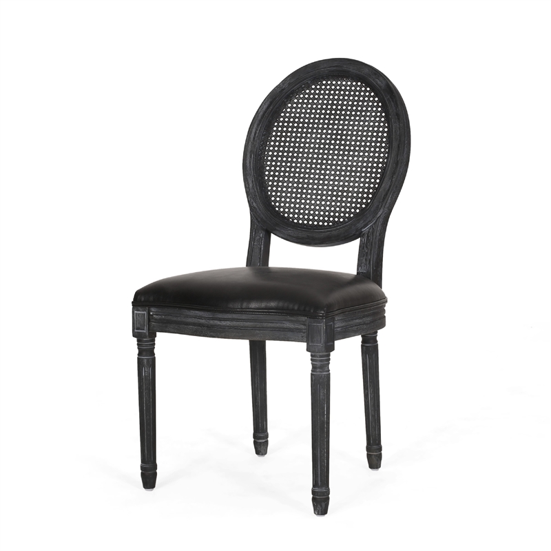 Benjara French Country Dining Side Chair Set of 2- Black Wood- Round Cane Back