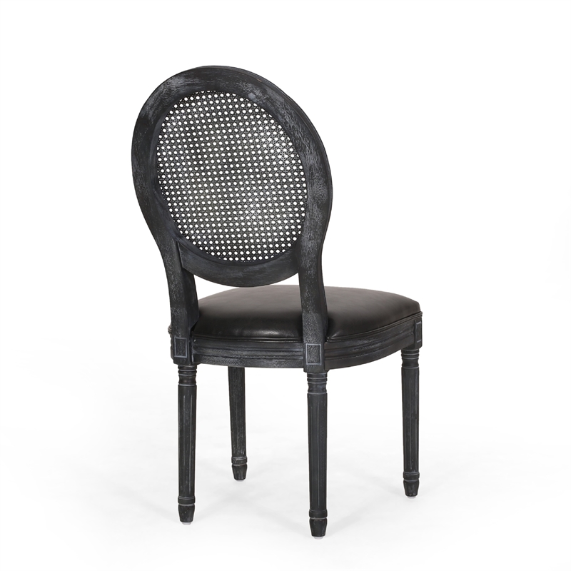 Benjara French Country Dining Side Chair Set of 2- Black Wood- Round Cane Back