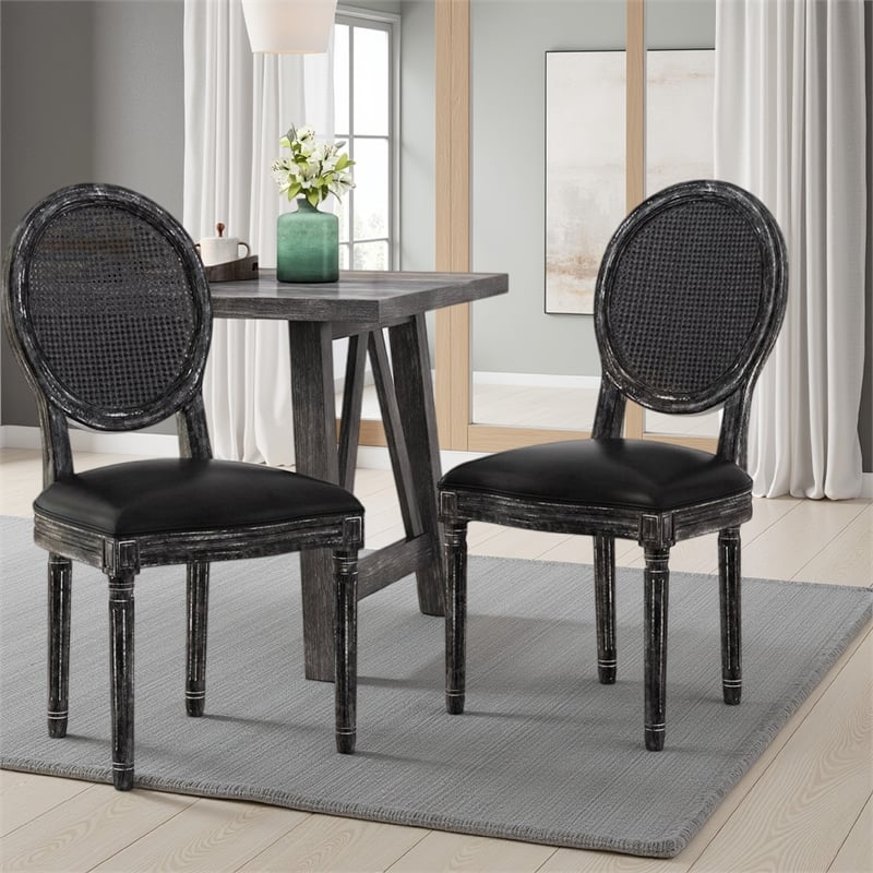Benjara French Country Dining Side Chair Set of 2- Black Wood- Round Cane Back