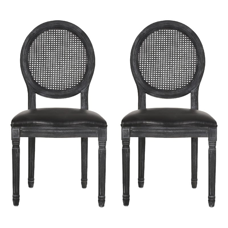 Benjara French Country Dining Side Chair Set of 2- Black Wood- Round Cane Back