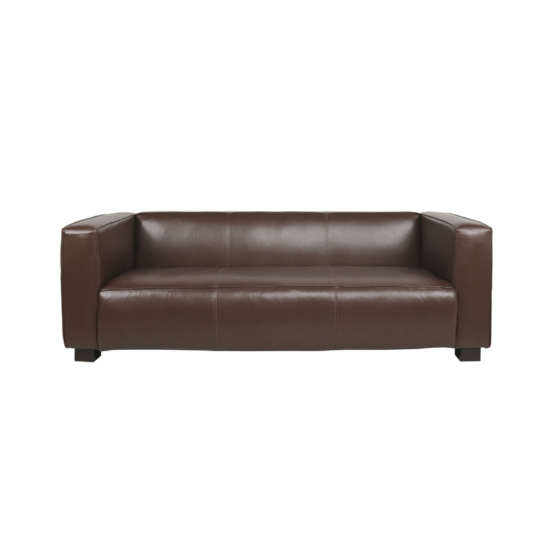 Benjara 3 Seater Sofa- Low Profile Dark Brown Faux Leather- Birch- 80 Inch
