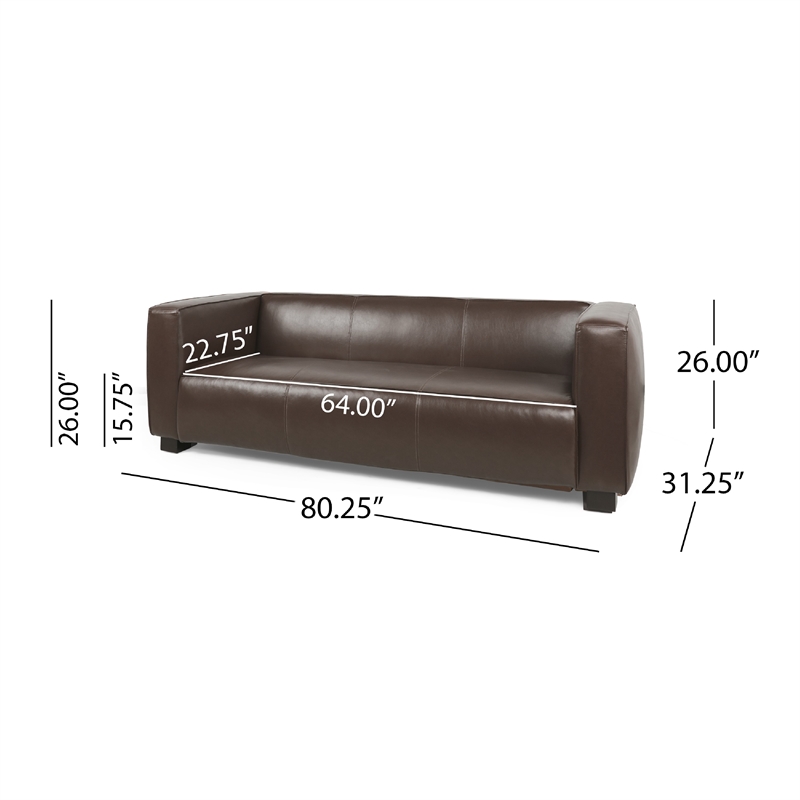 Benjara 3 Seater Sofa- Low Profile Dark Brown Faux Leather- Birch- 80 Inch