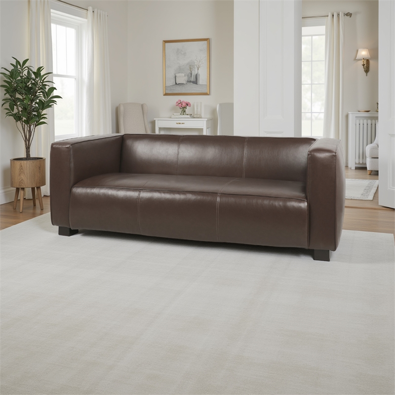 Benjara 3 Seater Sofa- Low Profile Dark Brown Faux Leather- Birch- 80 Inch
