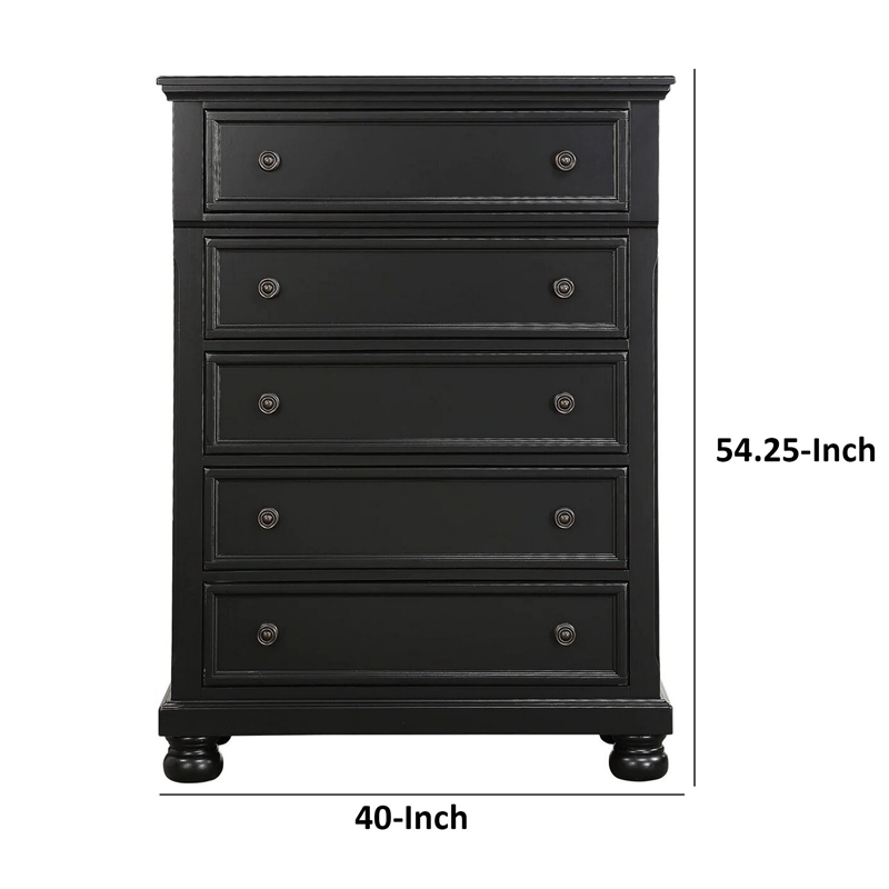 Benjara Transitional Style Five Drawer Wooden Chest with Round Bun Legs- White