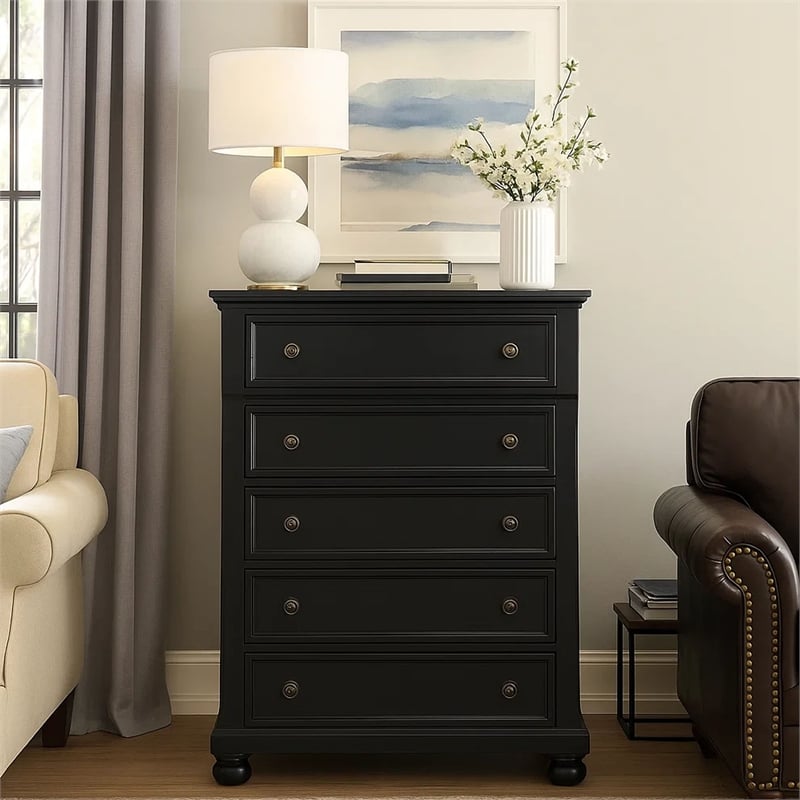 Benjara Transitional Style Five Drawer Wooden Chest with Round Bun Legs- White