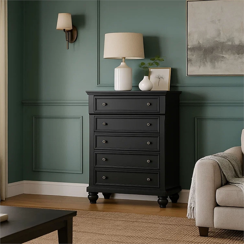 Benjara Transitional Style Five Drawer Wooden Chest with Round Bun Legs- White