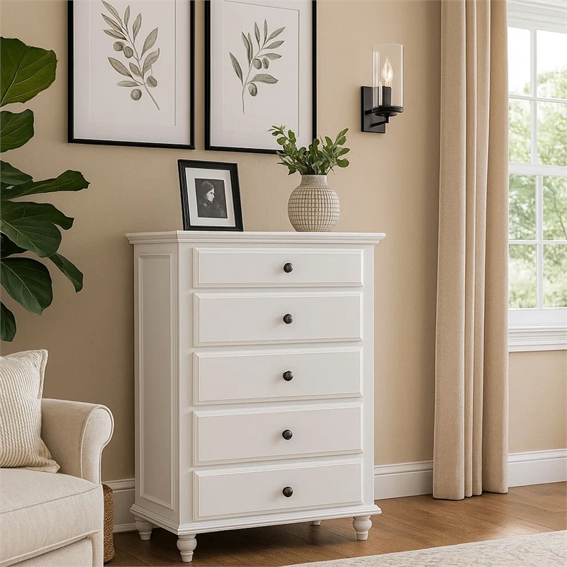 Benjara 5 Drawer Spacious Wooden Chest White