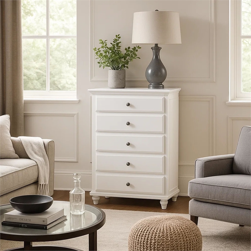 Benjara 5 Drawer Spacious Wooden Chest White
