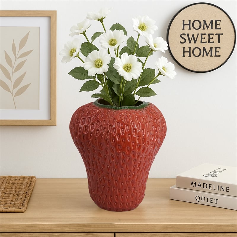 Benjara Kema Decorative Flower Vase- Strawberry Accent- 15