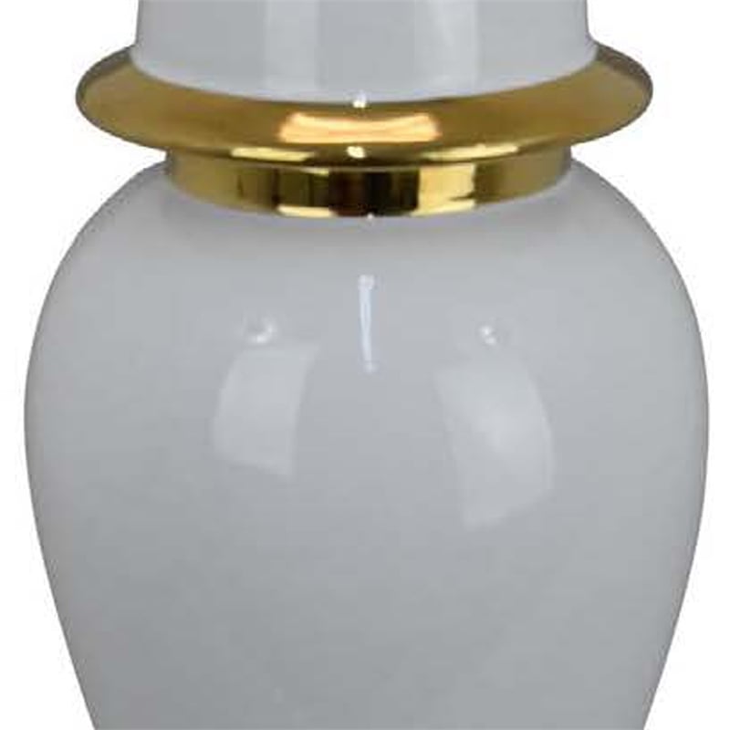 Benjara Risy Covered Jar- 17 Inch- Gold Finial- White Curved Ceramic Base