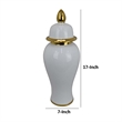 Benjara Risy Covered Jar- 17 Inch- Gold Finial- White Curved Ceramic Base