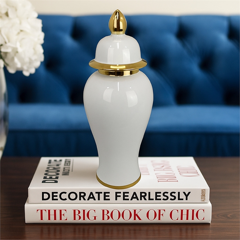 Benjara Risy Covered Jar- 17 Inch- Gold Finial- White Curved Ceramic Base