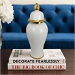 Benjara Risy Covered Jar- 17 Inch- Gold Finial- White Curved Ceramic Base