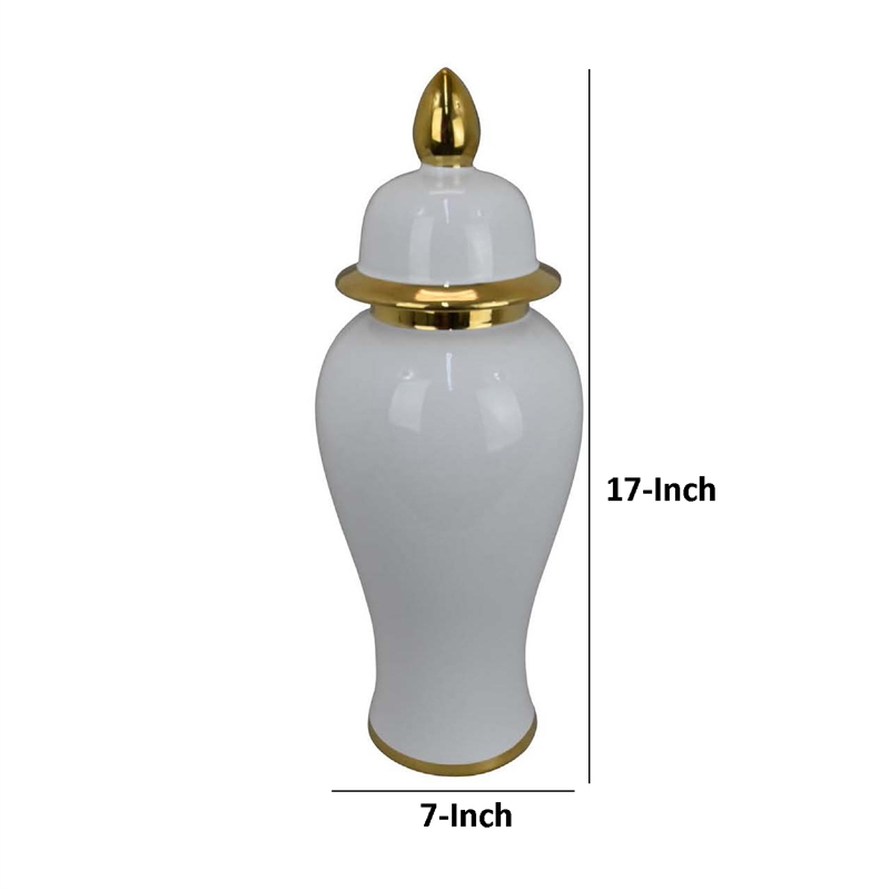 Benjara Risy Covered Jar- 17 Inch- Gold Finial- White Curved Ceramic Base