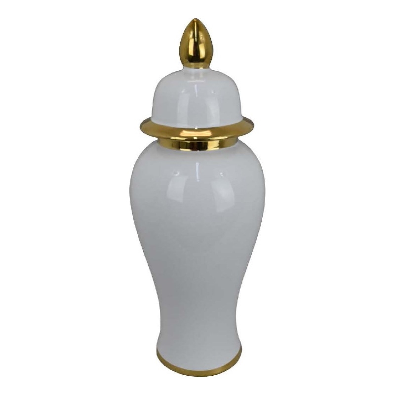 Benjara Risy Covered Jar- 17 Inch- Gold Finial- White Curved Ceramic Base