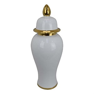 Benjara Risy Covered Jar- 17 Inch- Gold Finial- White Curved Ceramic Base