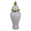 Benjara Risy Covered Jar- 17 Inch- Gold Finial- White Curved Ceramic Base