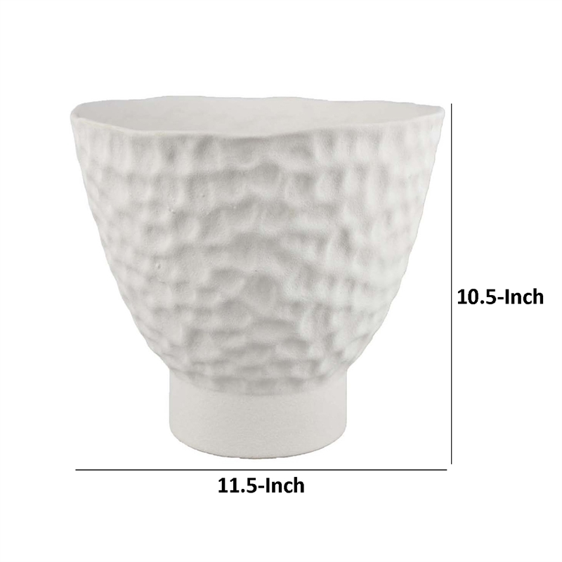Benjara Decorative Bowl Shaped Planter- Hammered White Ceramic 12 Inch